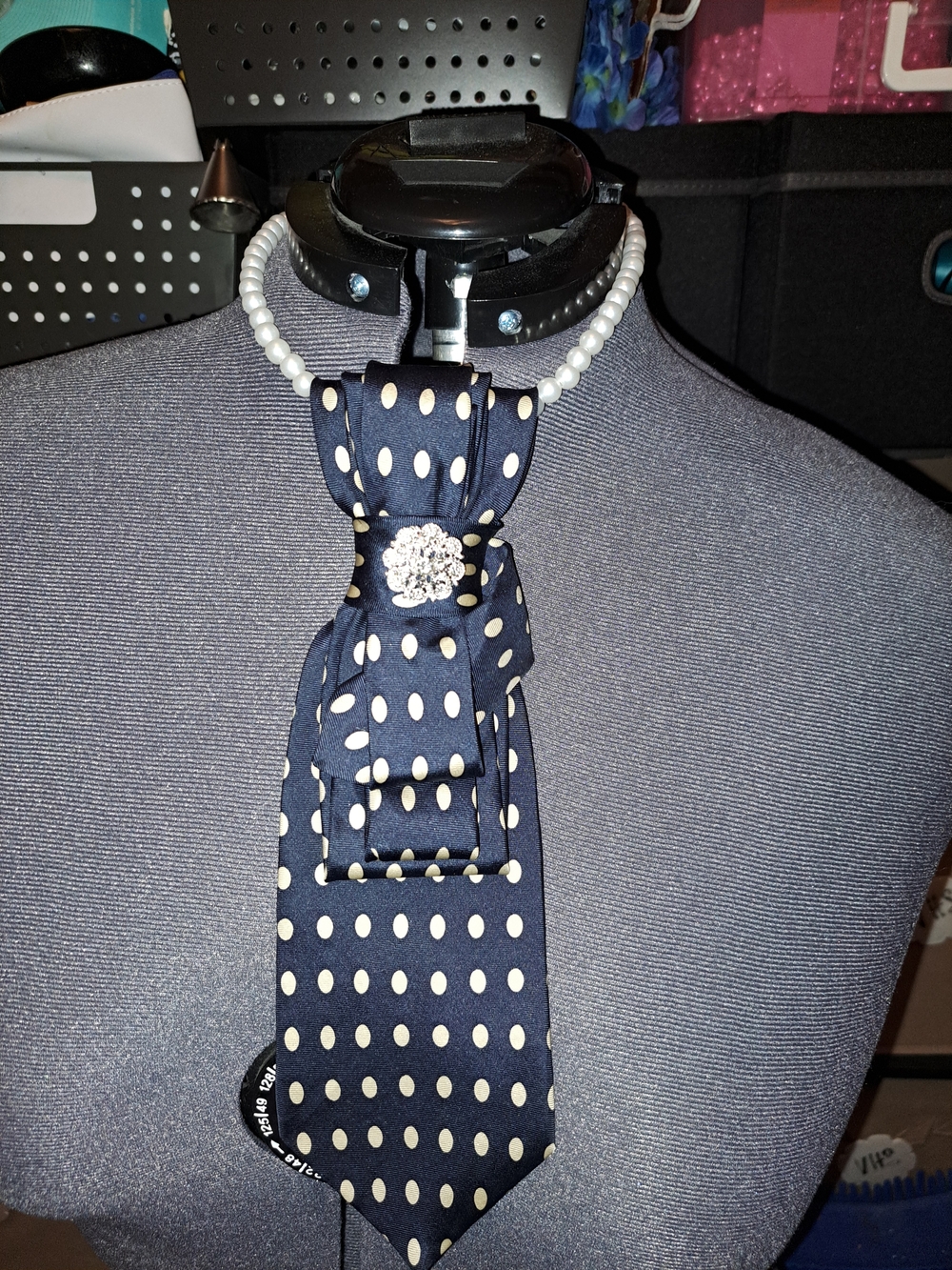 Navy Polka Dot Neck Tie Scarf with Rhinestone Brooch